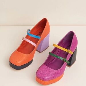 NWT Charlotte Stone Bizzy Tejus Mary Jane Platform Heels - Orange & Pink Size 8